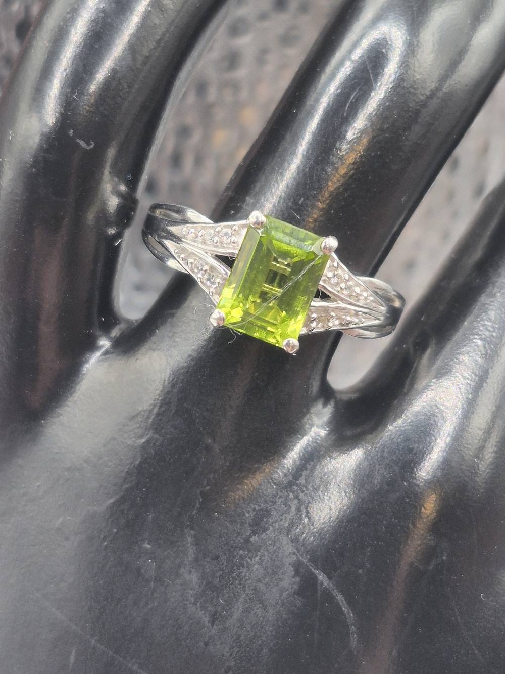 Genuine Sterling Silver Green Peridot And White Zircon Emerald-Cut Ring